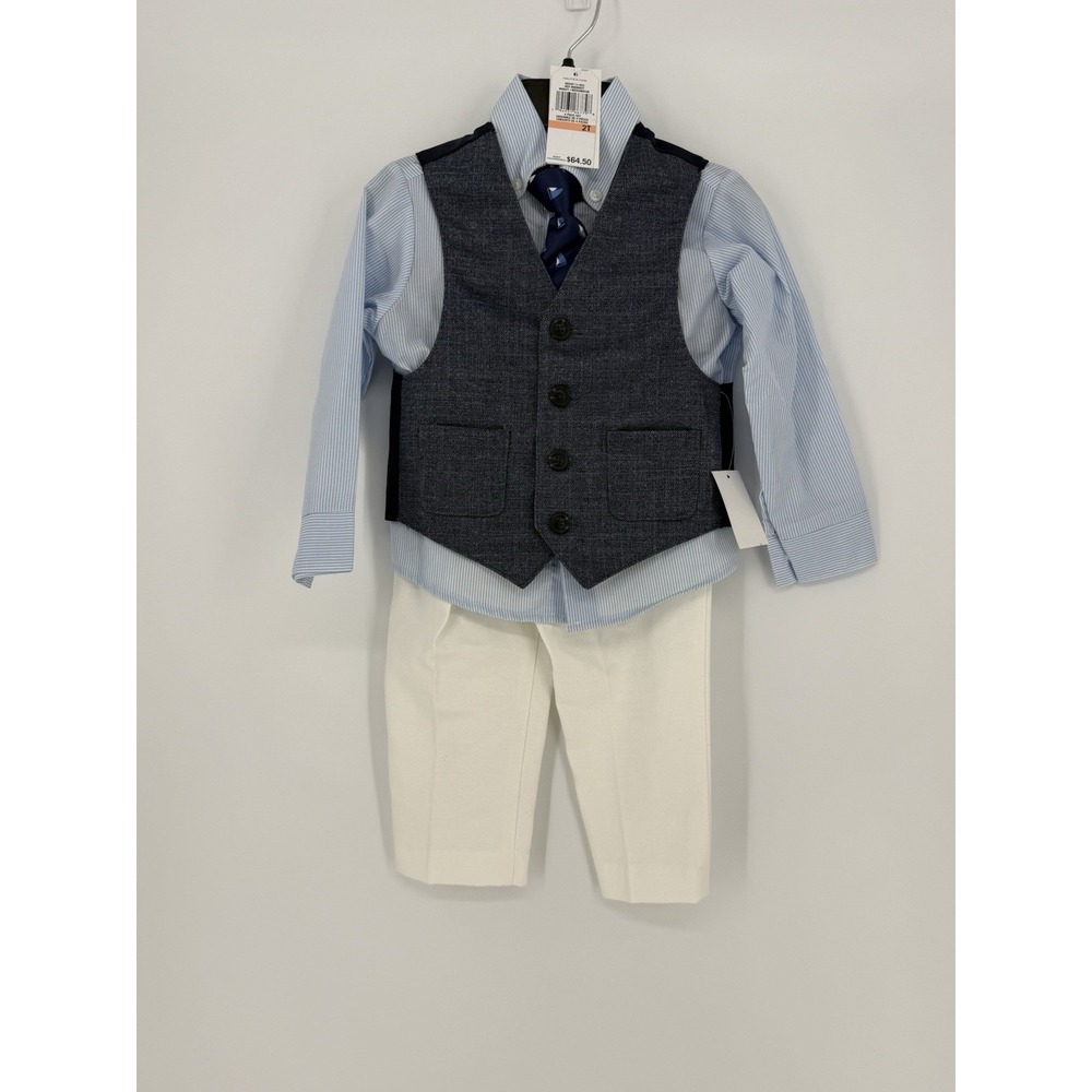 Nautica‎ Boys Kids 4 Piece Linen Look Vest With Tie Set Beige Blue Size 2T
